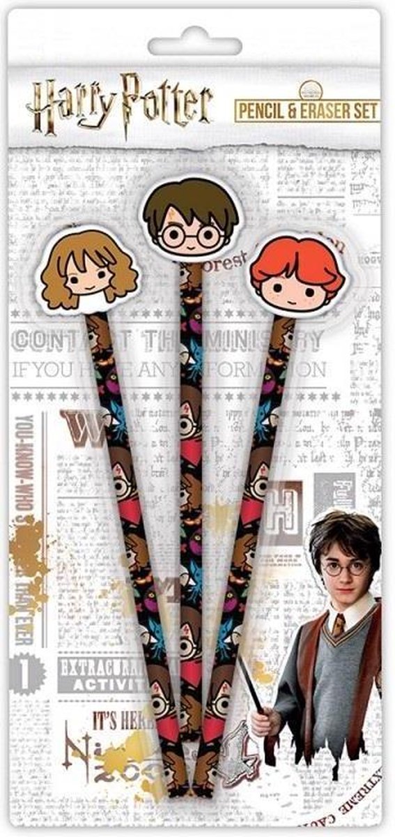 Harry Potter - Chibi Set van 3 Potloden en Gum